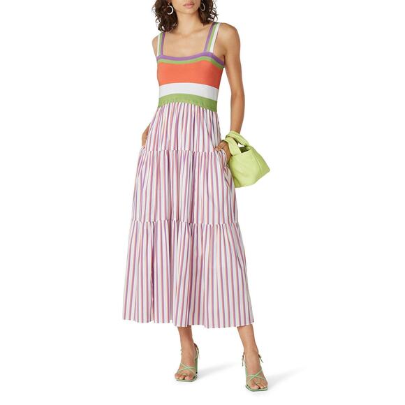 Tanya Taylor Claudia Printed Striped Sleeveless Empire Tiered Midi Dress Size XS - Picture 1 of 6